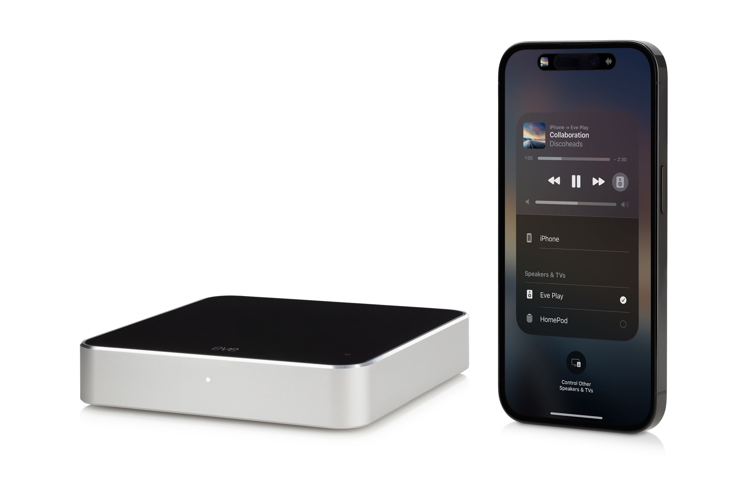 A picture of the Eve Play sitting next to an upright iPhone. The iPhone’s now playing widget is on-screen, with the AirPlay selector below the controls.
