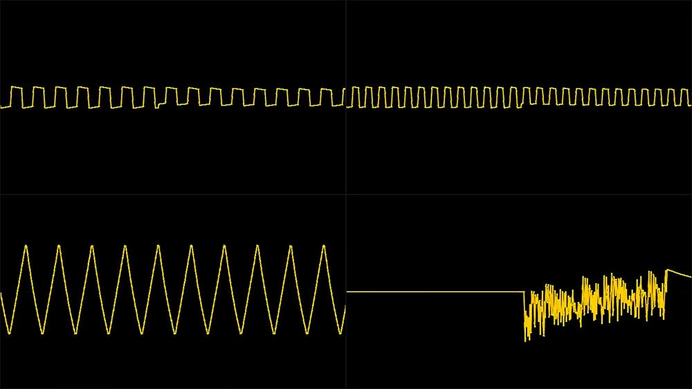 NES sound chip visualisation. Two pulse waves, triangle wave and the noise.