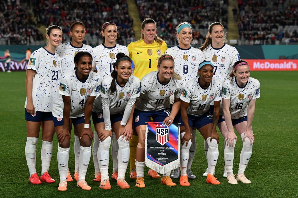 USA's players pose for the team photo prior to the Australia and New Zealand 2023 Women's World Cup Group E football match between Portugal and the United States at Eden Park in Auckland on August 1, 2023. (Photo by Saeed KHAN / AFP) (Photo by SAEED KHAN/AFP via Getty Images)