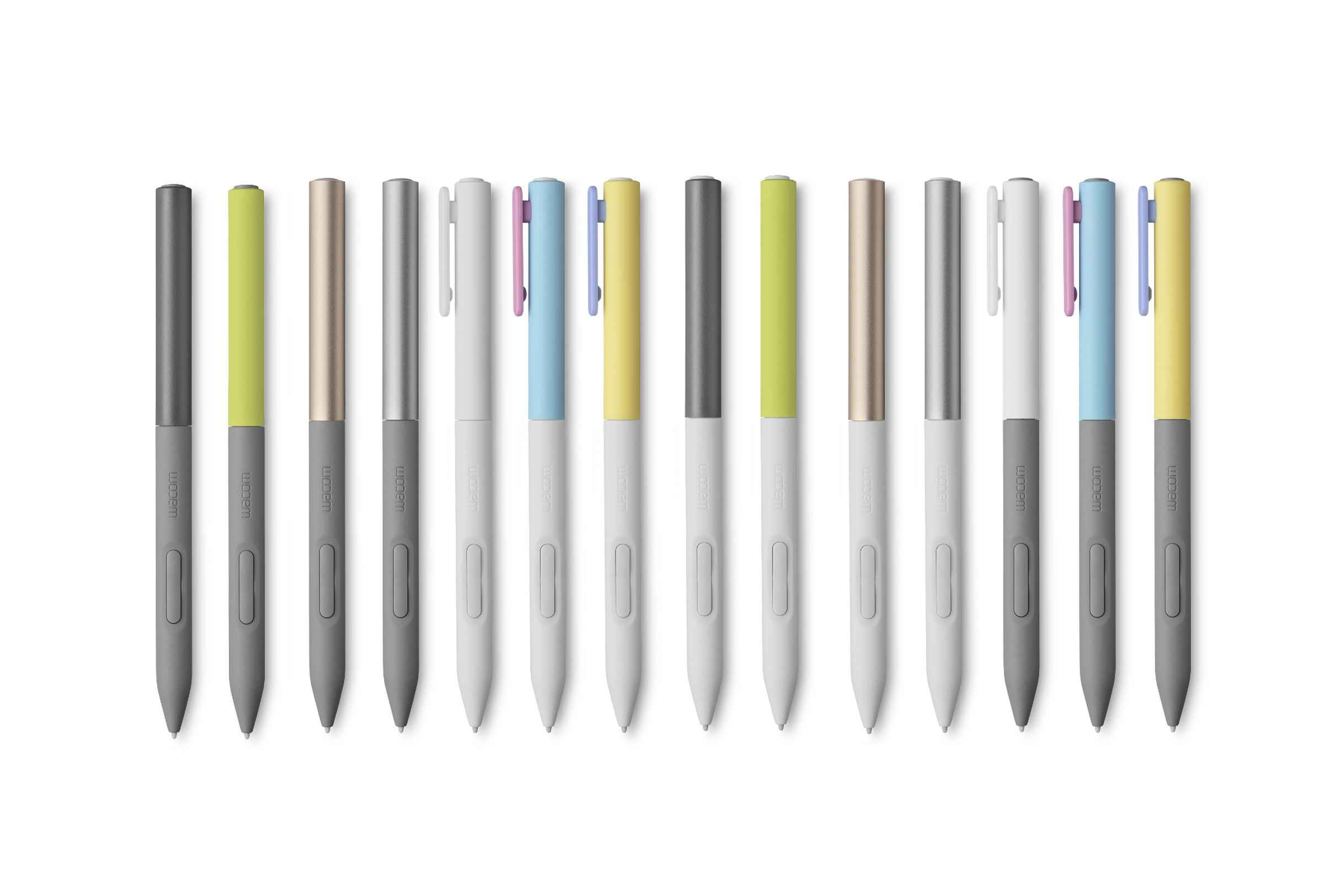 A collection of Wacom One stylus pens in different colors.