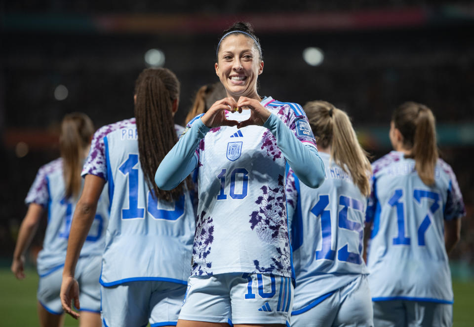 AUCKLAND, NEW ZEALAND - AUGUST 5: Jennifer Hermoso of Spain celebrates scoing her goal during the FIFA Women's World Cup Australia & New Zealand 2023 Round of 16 match between Switzerland and Spain at Eden Park on August 5, 2023 in Auckland, New Zealand. (Photo by Joe Prior/Visionhaus via Getty Images)