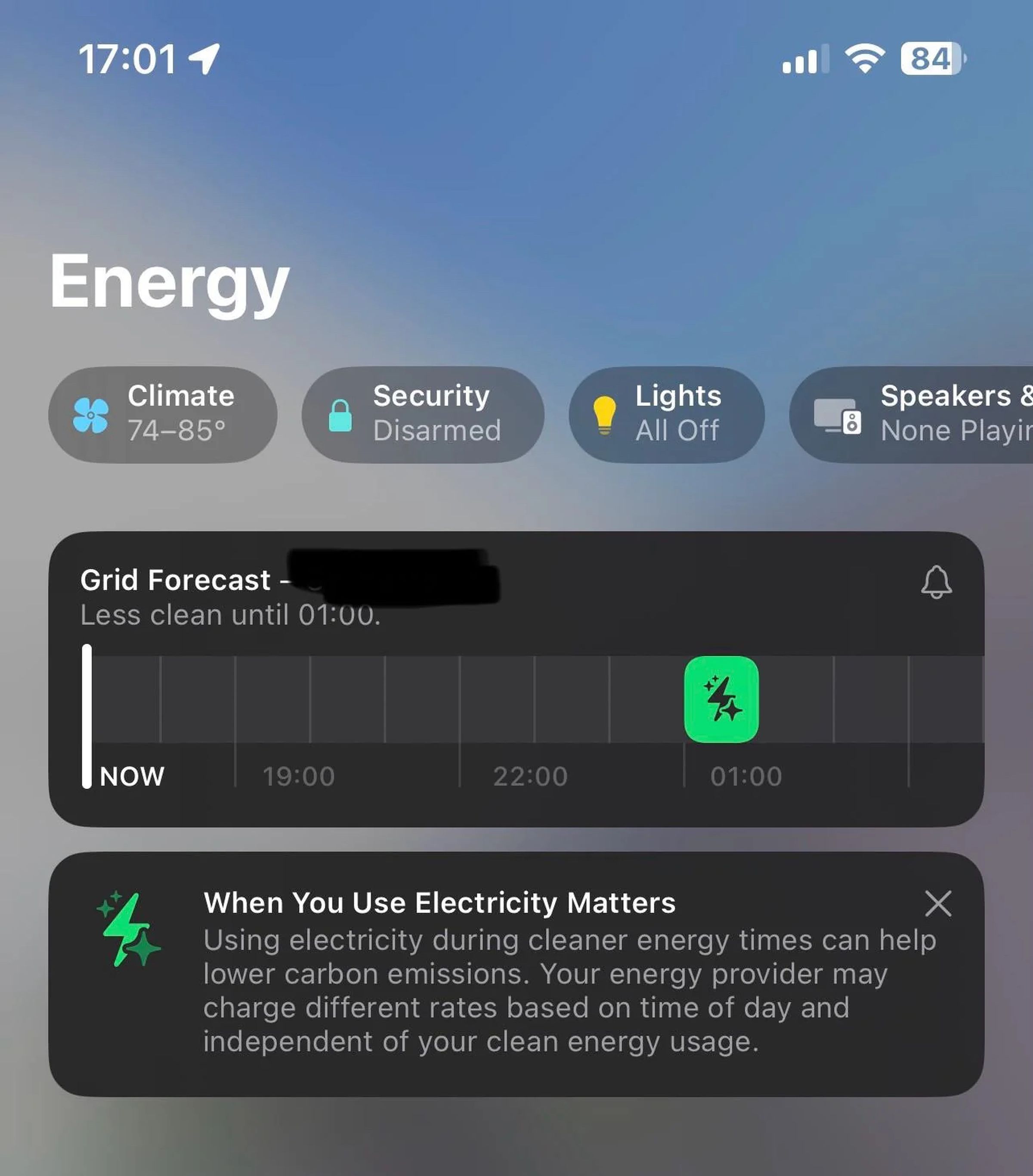 A screenshot showing how the Grid Forecast is displayed in t﻿he Apple Home app.