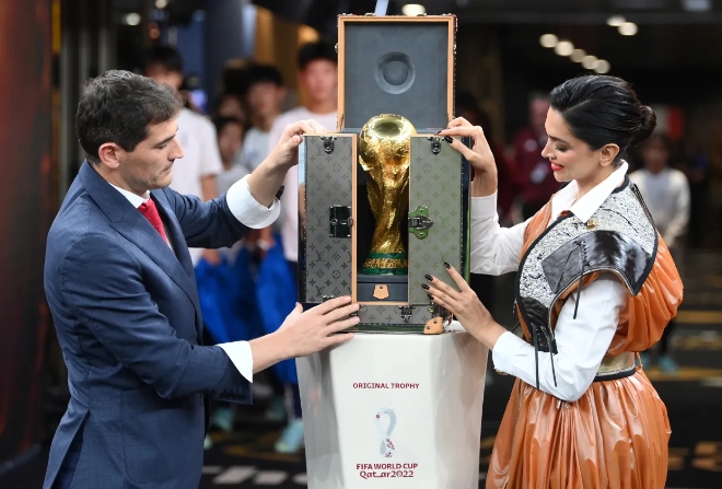 2022's Louis Vuitton FIFA World Cup trophy case opened by Spanish football legend Iker Casillas and Hindi film actress Deepika Padukone. Photo: Getty Images