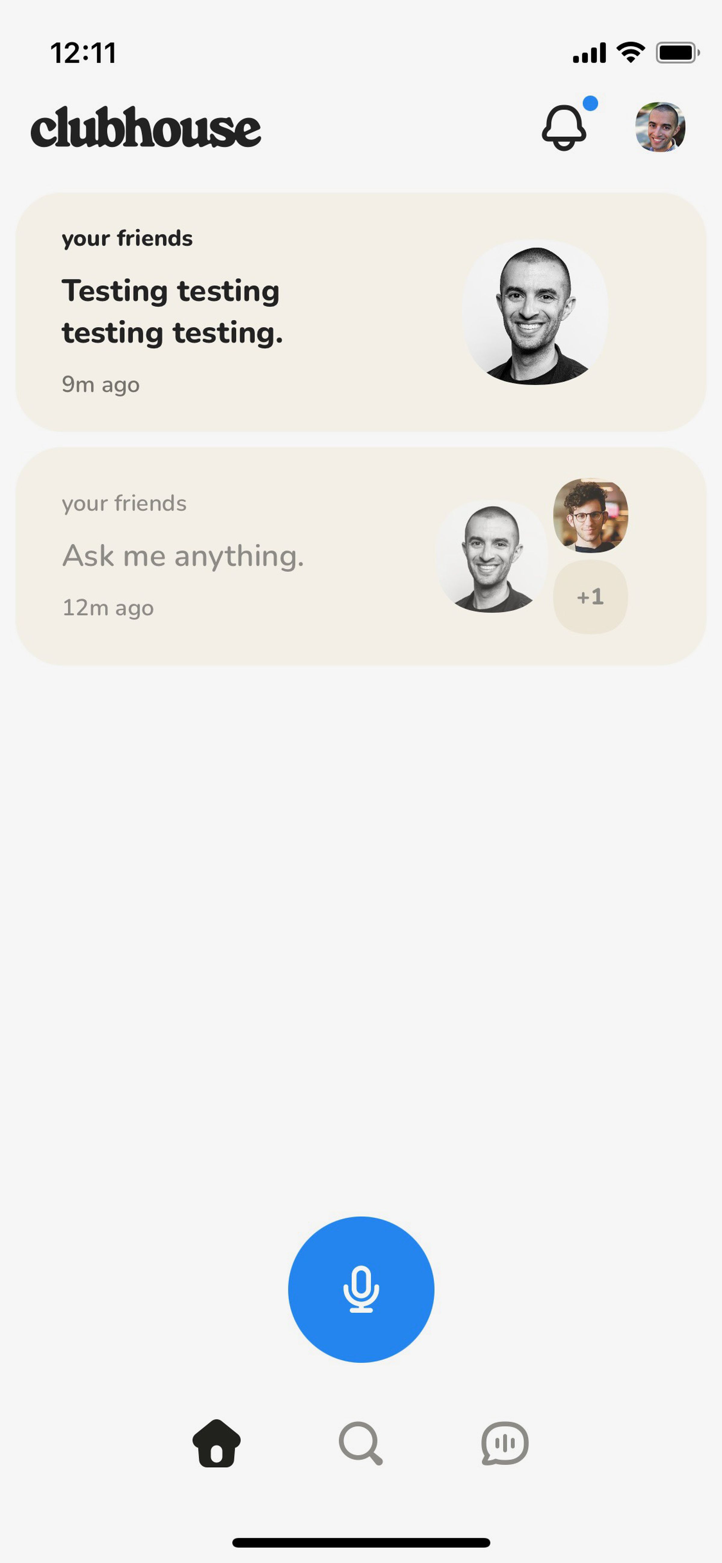 A screenshot of Clubhouse’s new interface.