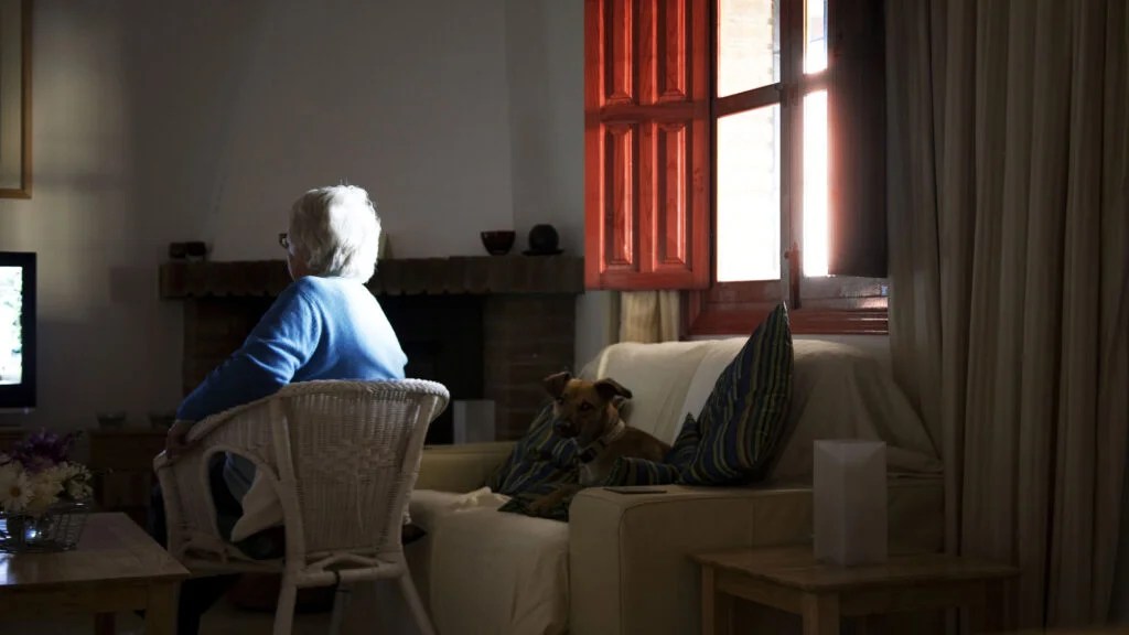 Older female watches TV indoors