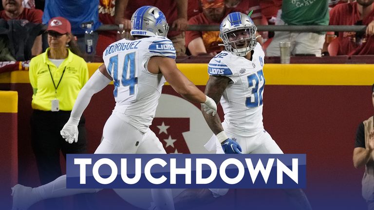 Brian Branch intercepts Patrick Mahomes after a Kadarius Toney tip and claims his first ever NFL touchdown for the Detroit Lions against the Kansas City Chiefs in Week 1 of the NFL.