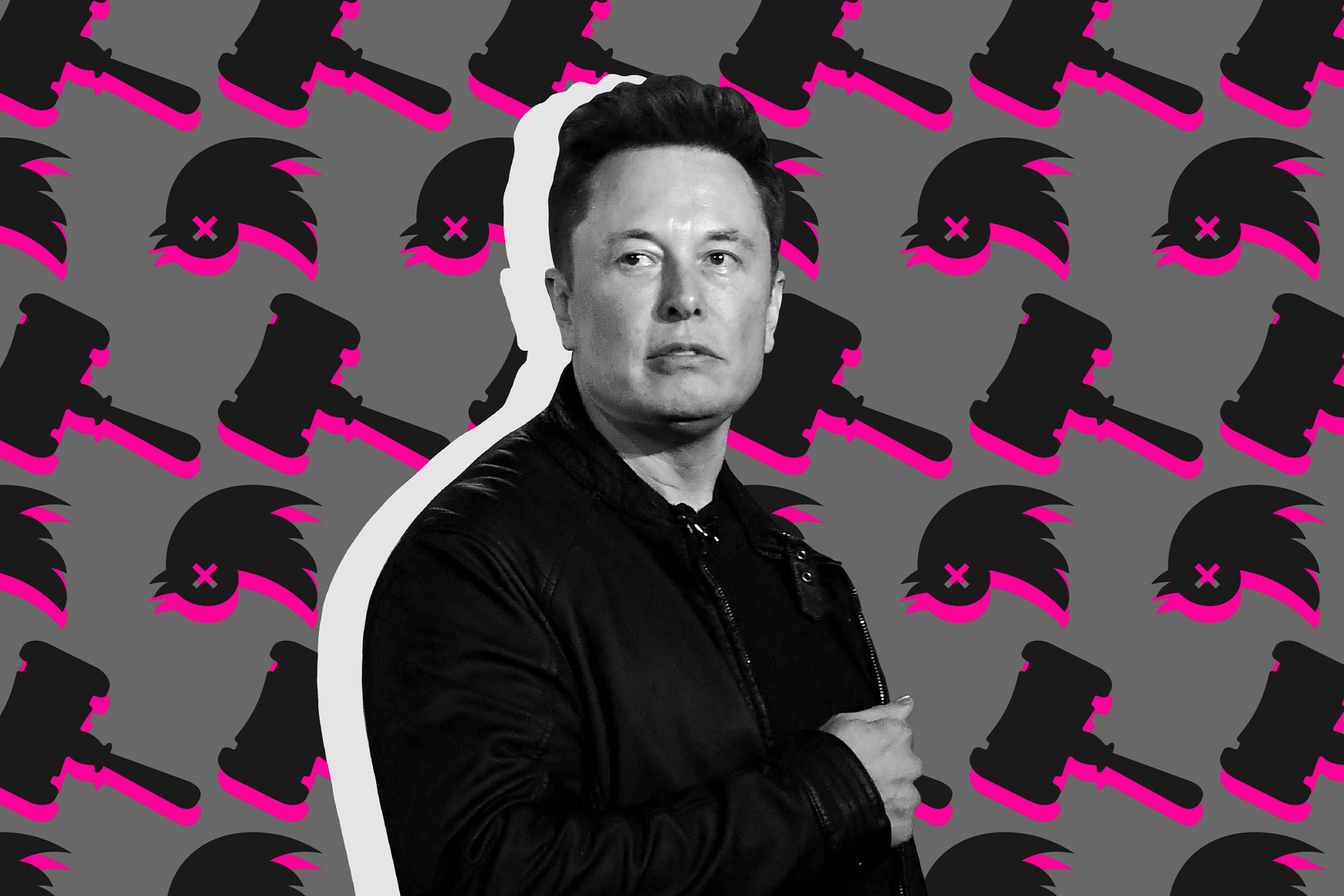 An image showing Elon Musk on a background with hammers