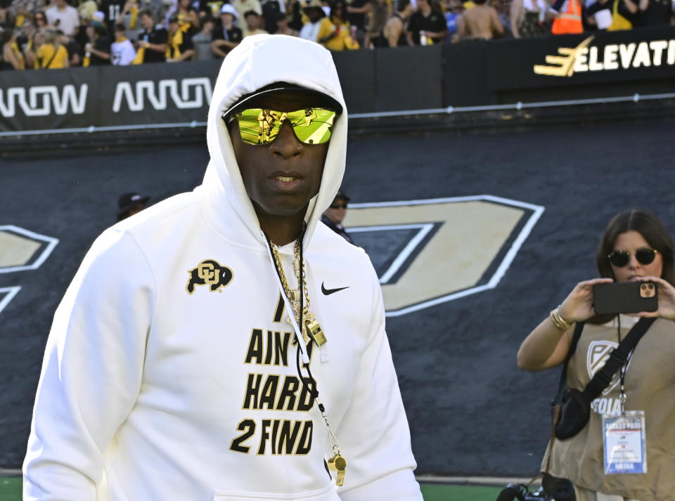 Colorado coach Deion Sanders looks on before a win over Nebraska on Sept. 9. (Andy Cross/MediaNews Group/The Denver Post via Getty Images)