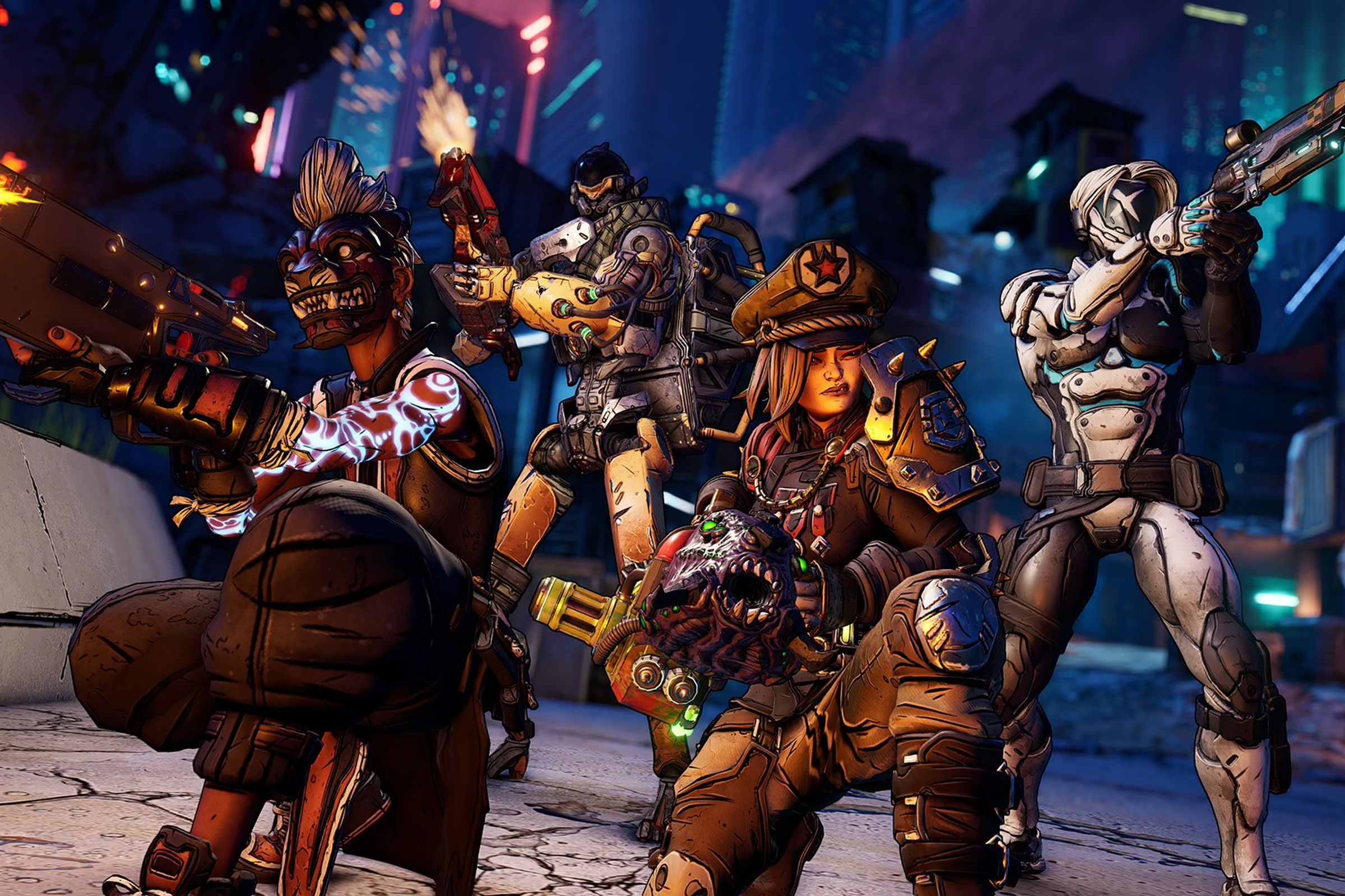 A screenshot from the game Borderlands 3, showing four gun-toting characters looking tough.