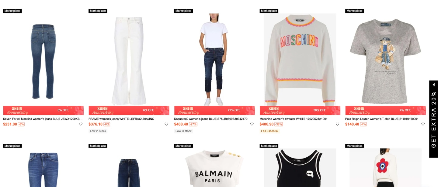 More Shein listings that advertise Moschino, Frame, Polo Ralph Lauren, DSquared2 products.