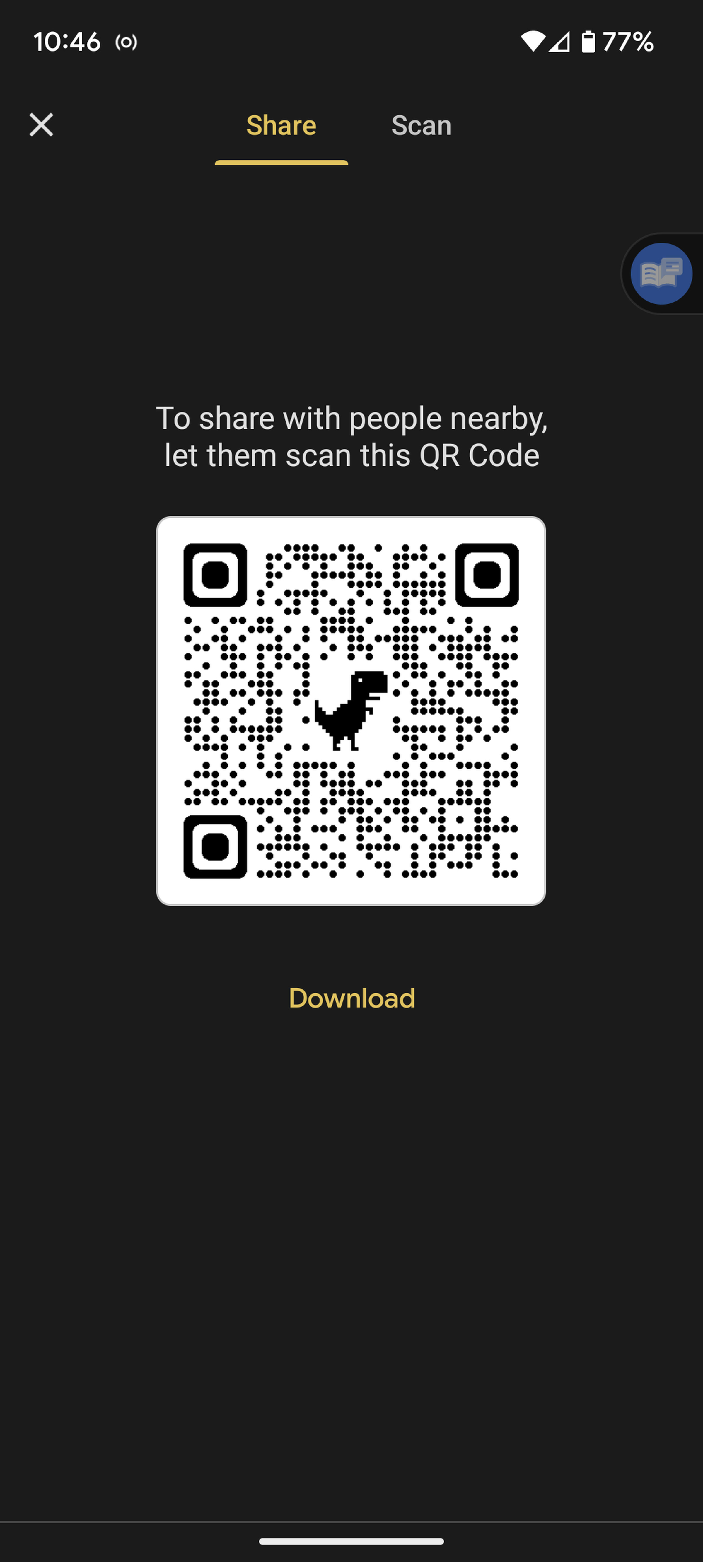 Mobile screen with QR Code and a Download button beneath it.