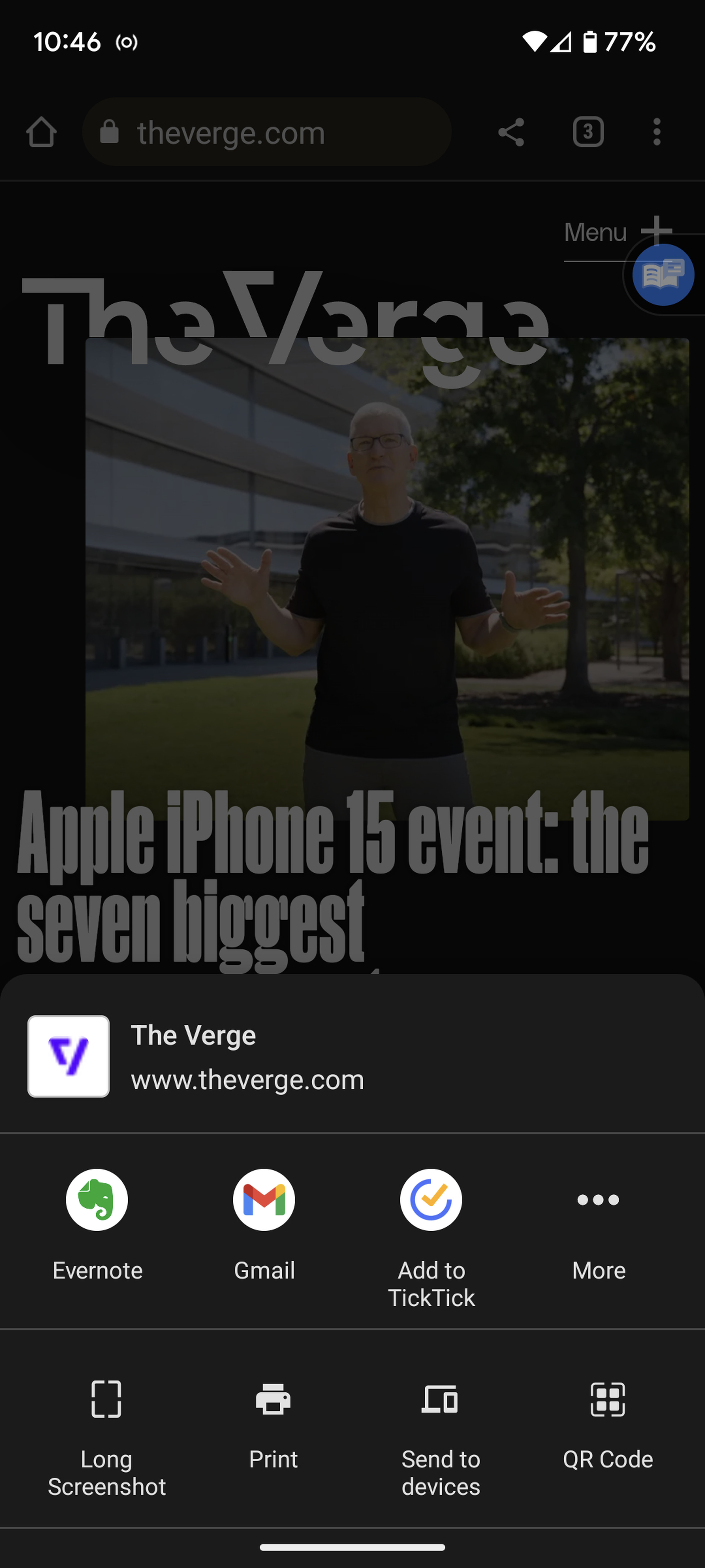 Mobile screen with The Verge in background and a pop-up share menu at bottom.