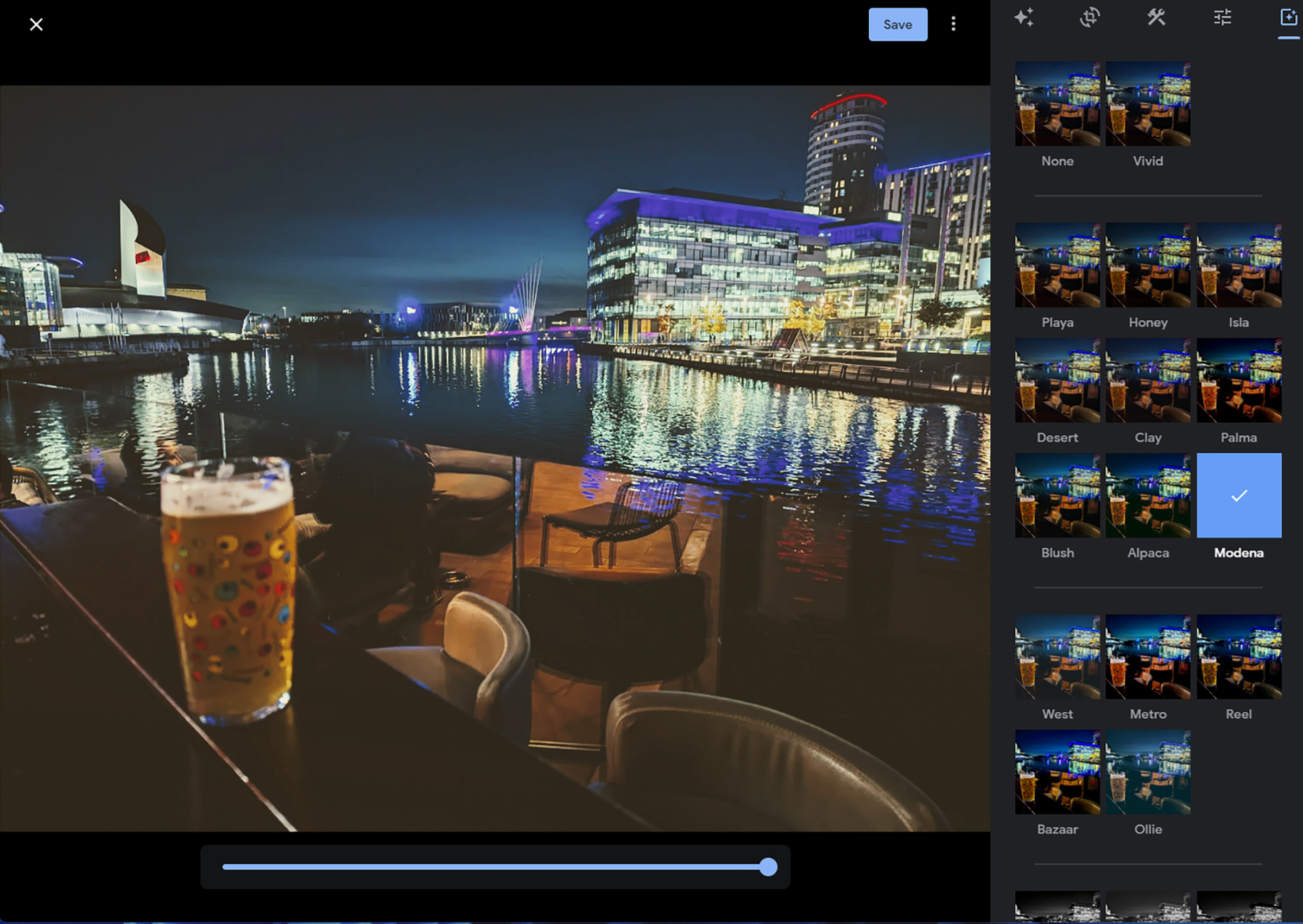 Photo of table with glass of bear and buildings at night in background; at right, different versions of the same photo.