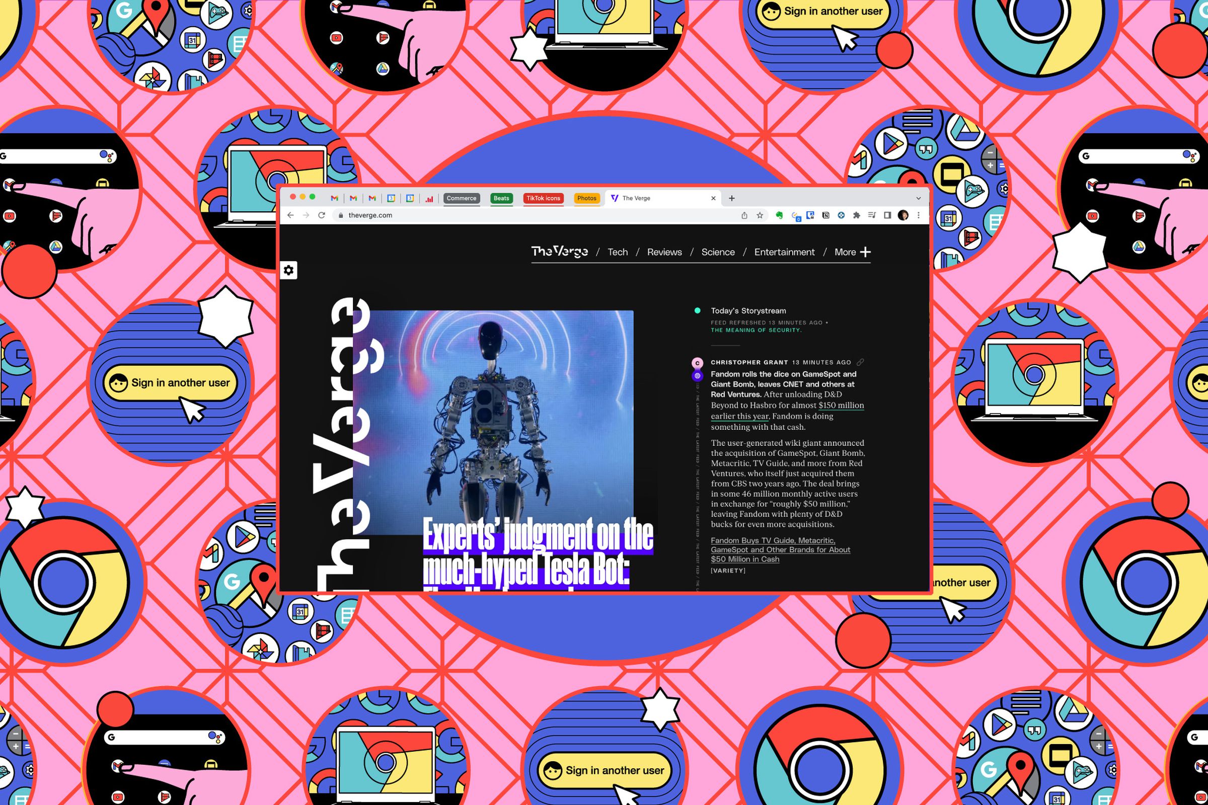 Chrome page showing The Verge, with tab groups on top, surrounded by artistic illustrations.