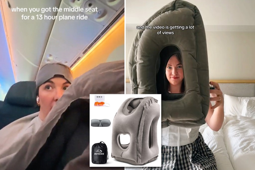 (Left) A TikTok screenshot of Annie Wright, 23, blowing up her inflatable travel pillow. (Right) Wright holding her inflated travel pillow.(Inset)An Amazon screenshot of the inflatable travel pillow.