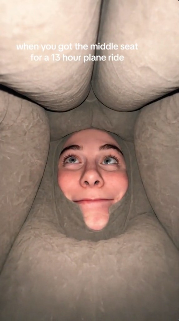 A TikTok screenshot of Annie Wright, 23, with her face inside of the inflatable travel pillow.