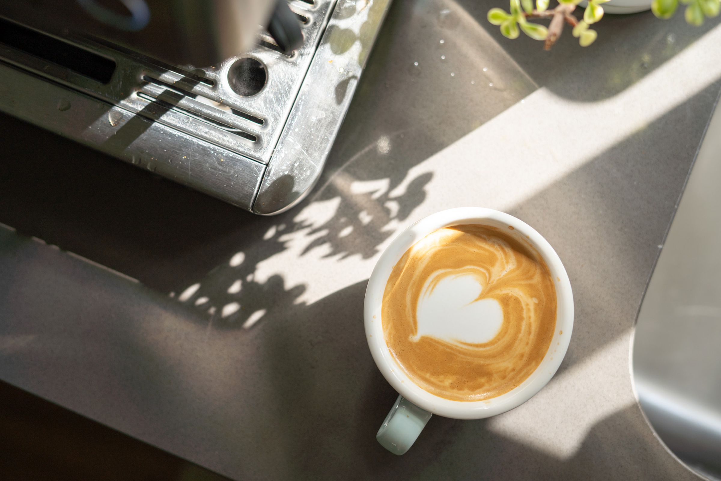 Photo of a coffee cup next to sink and espresso machine.