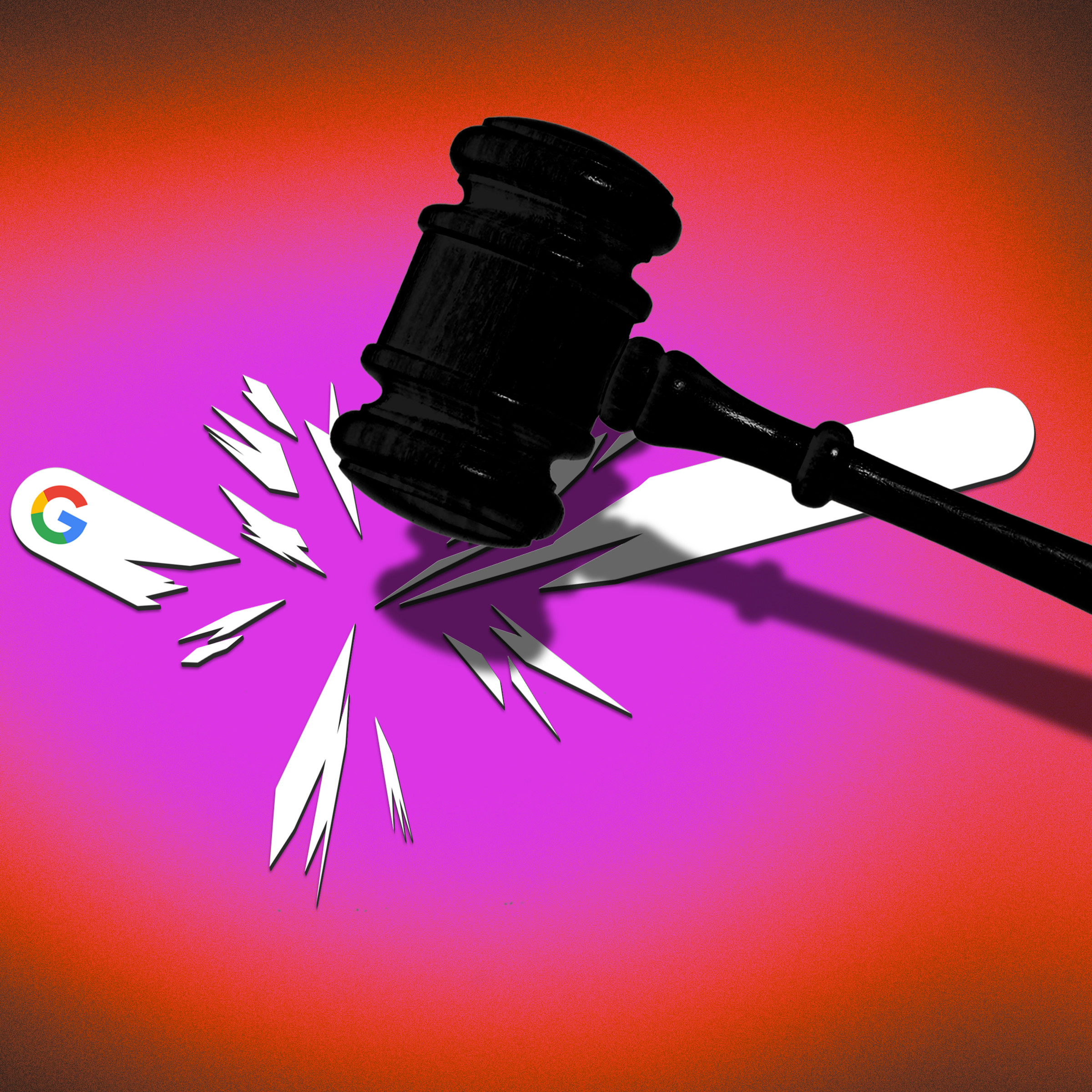 The Google Search logo getting smashed by a gavel