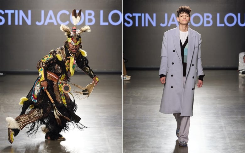 Left: A dancer wearing colourful regalia on the runway of the Justin Jacob Louis show. Right: A model walking the runway of the Justin Jacob Louis show, wearing a striped cardigan, light coloured pants, long coat and beaded moccasins.