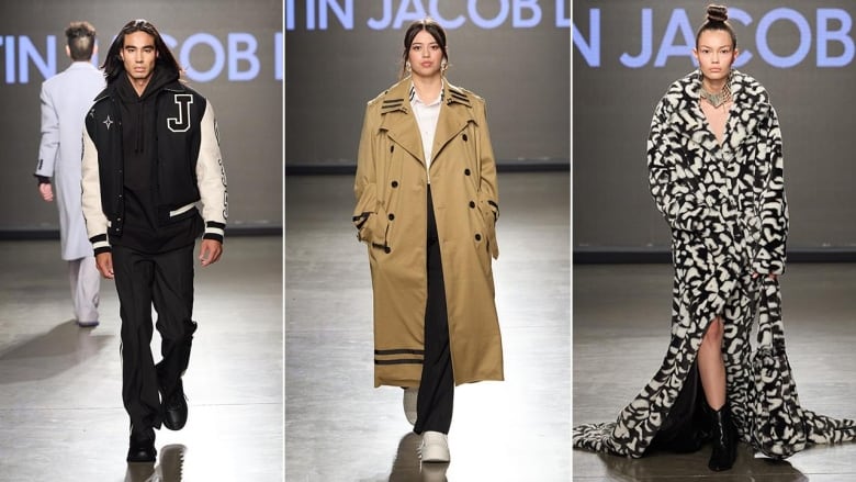 3 side-by-side images of people on the runway for the Justin Jacob Louis show. Left: A model wearing black and white jacket and a black top, pants and shoes. Middle: A model wearing a white shirt, black pants, white shoes and beige coat. Right: A model wearing a long black and white coat, necklace and black boots.