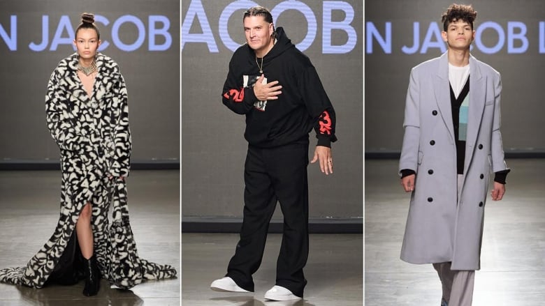 3 side-by-side images of people on the runway for the Justin Jacob Louis show. Left: A model wearing a long black and white coat, necklace and boots. Middle: Designer Justin Jacob Louis wearing white shoes, black pants and top. Right: A model wearing a striped cardigan, light coloured pants, and long coat. 