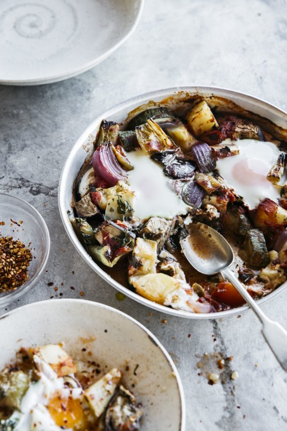 Lahanika me avga (baked vegetables with eggs) from Mene Valle’s cookbook Ikaria: Food and Life in the Blue Zone.