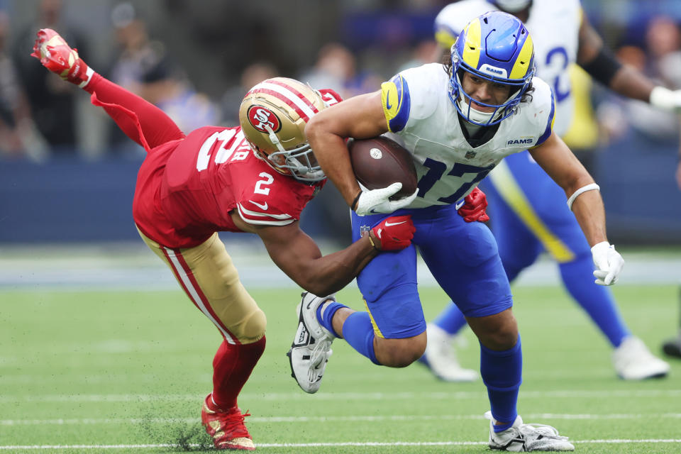 Puka Nacua hauled in 15 catches in the Rams' loss the the 49ers in Week 2. (Photo by Sean M. Haffey/Getty Images)