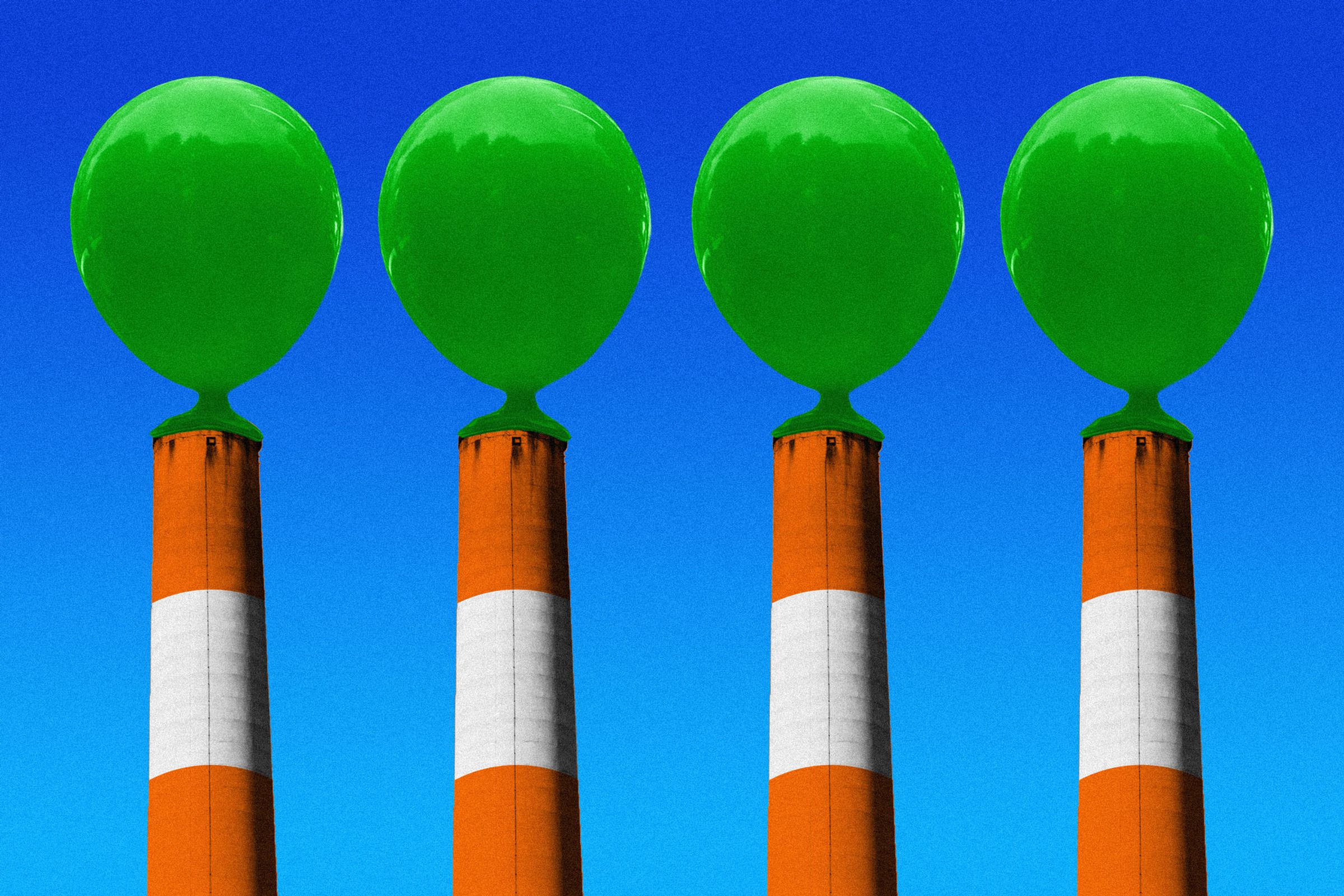 Art depicts cartoon balloons attached to the tops of four smokestacks.