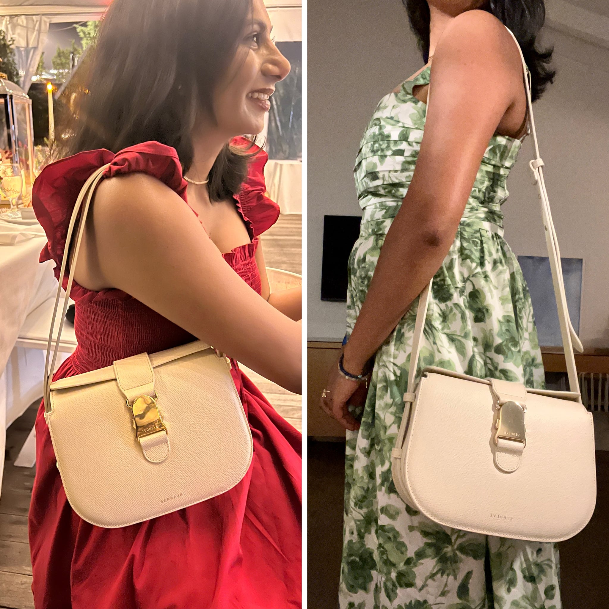 Woman wearing the Senreve Cadence Crossbody as a shoulder bag and a crossbody bag.