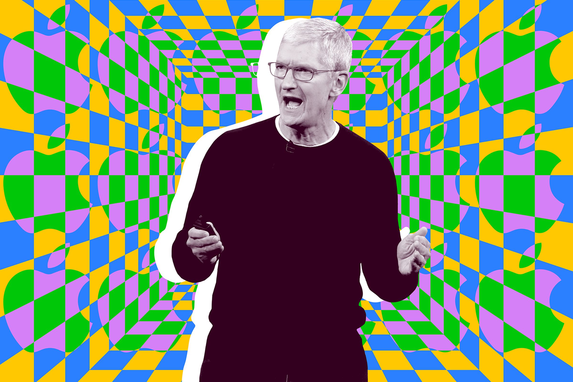 A picture of Tim Cook on a multicolored background.