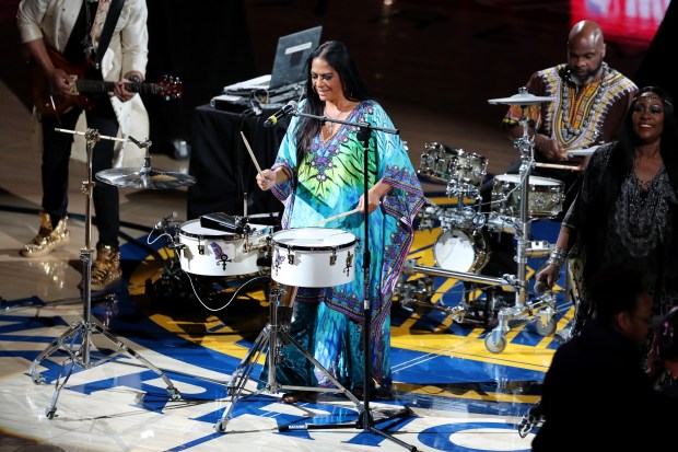 Sheila E. performs during half time of Game 4 of the NBA Western Conference Finals between the Golden State Warriors and the Houston Rockets at Oracle Arena in Oakland, Calif., on Tuesday, May 22, 2018. (Ray Chavez/Bay Area News Group)