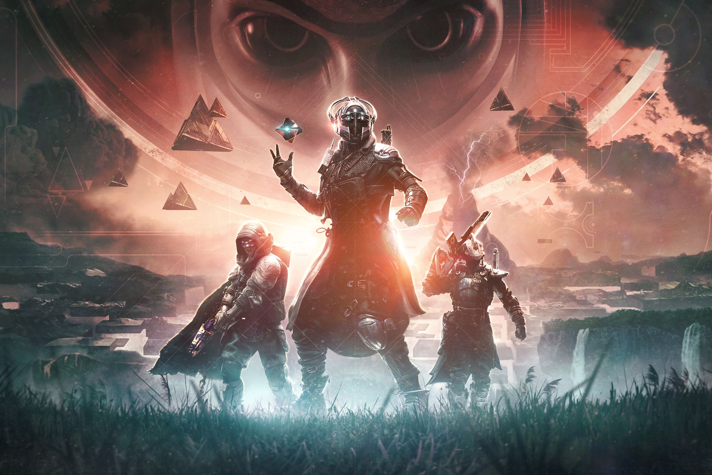 Illustration of Destiny 2 characters looking into the distance in a cool pose as a figure overhead glares ominously with beady eyes