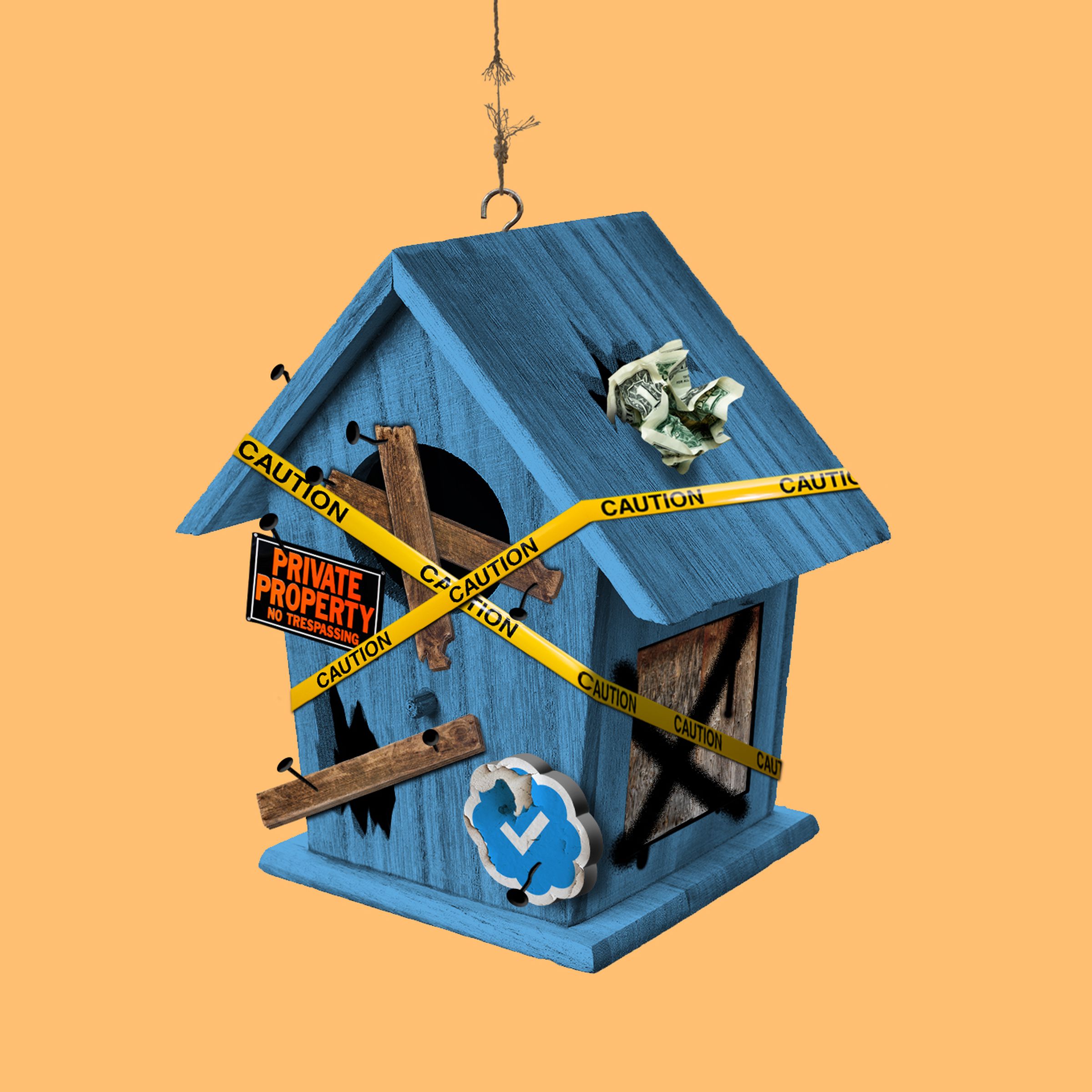 Photo illustration of a condemned birdhouse, covered in graffiti and caution tape.