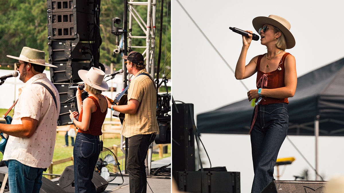 Country band Archertown performs on stage with Natalie Archer holding a microphone