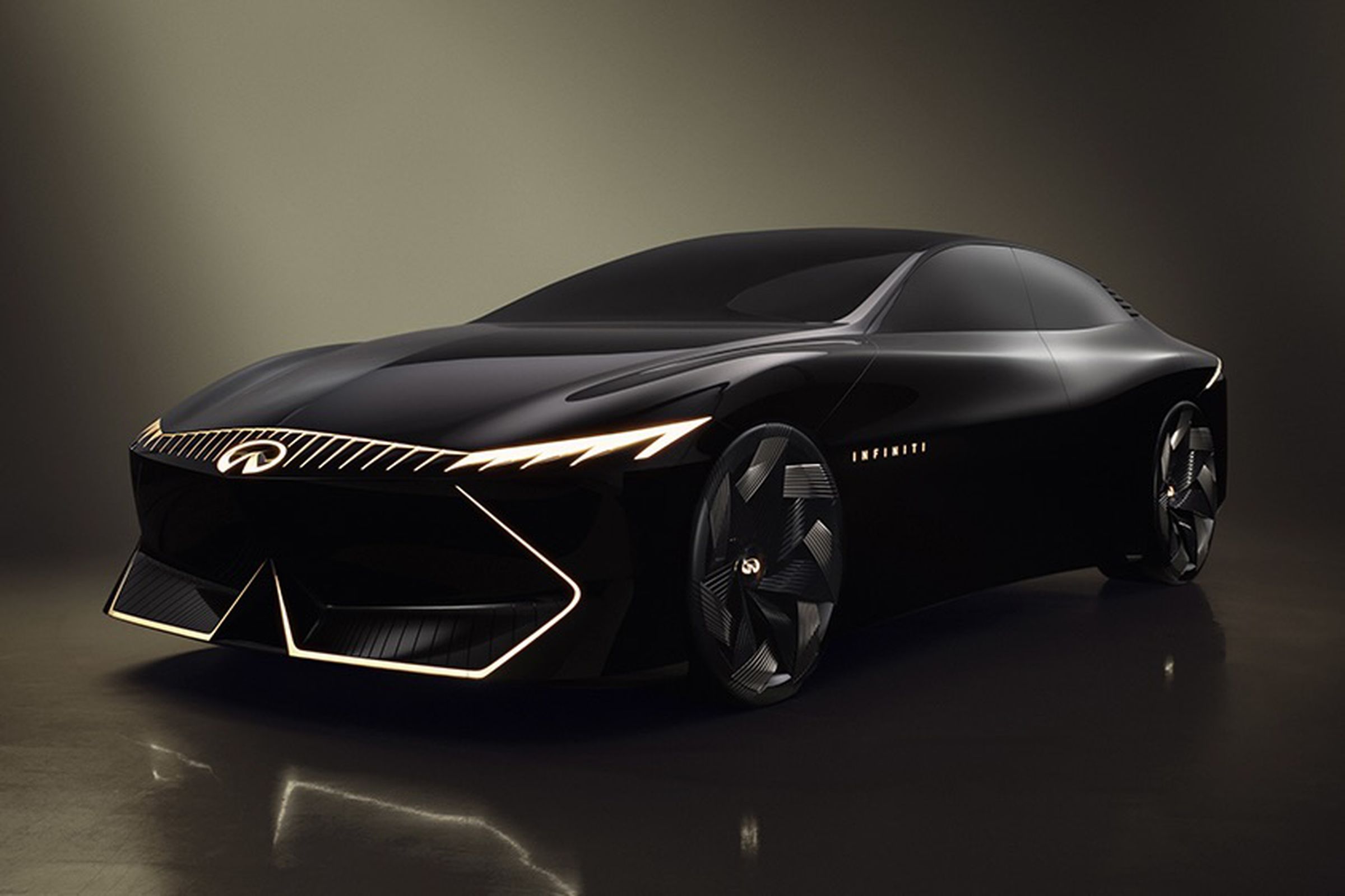 infiniti sporty sedan concept, black in color with front lined in LED