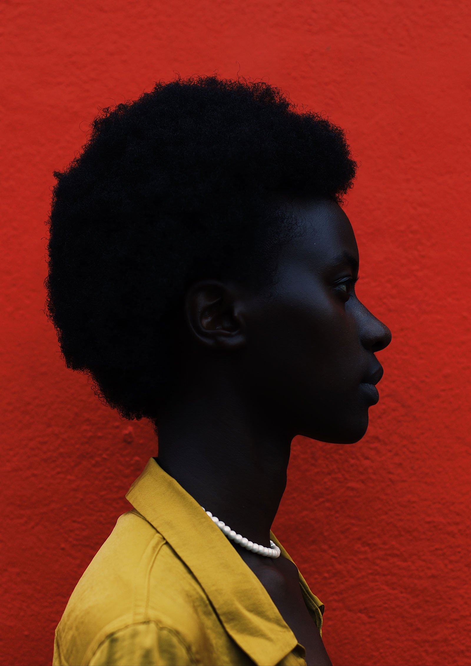 A profile portrait against a bright red wall.