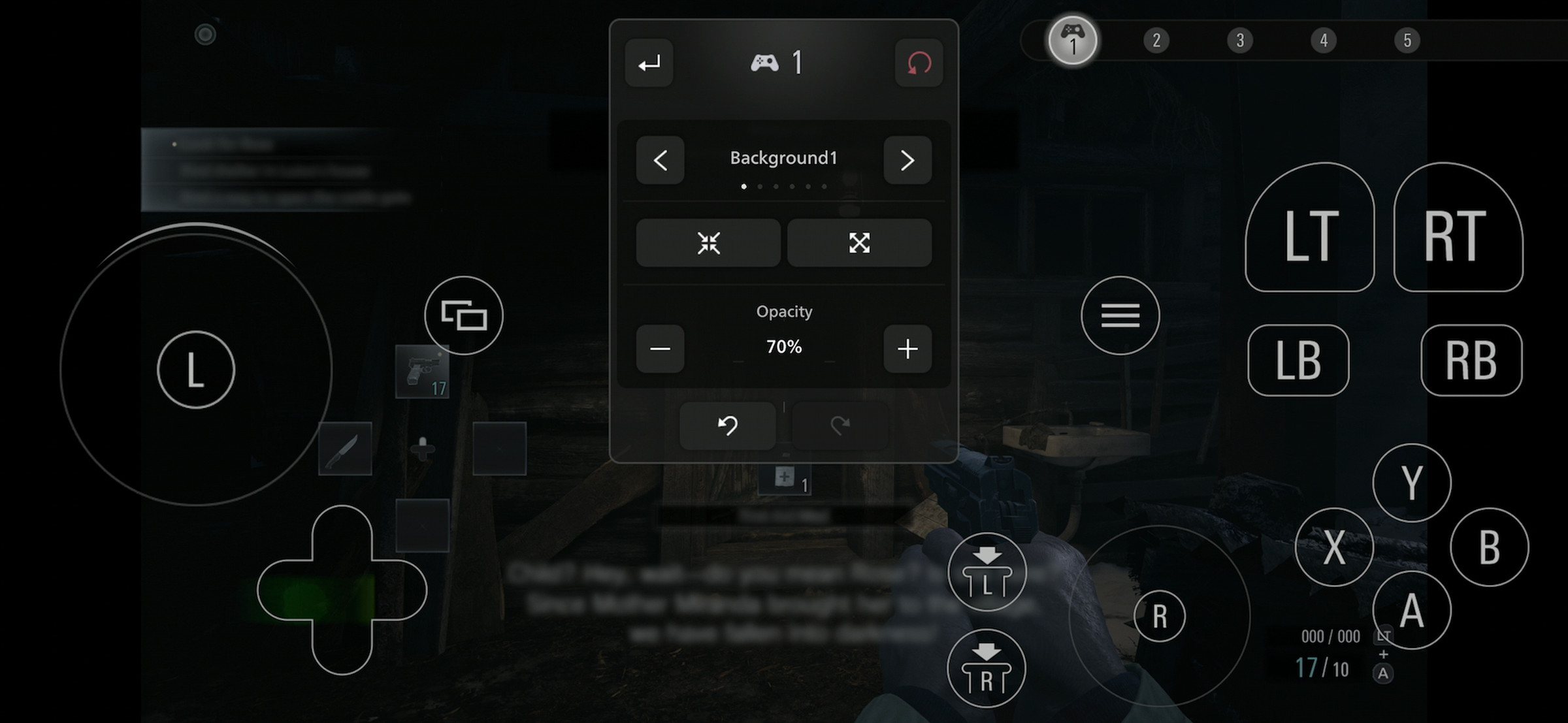 A screenshot of Resident Evil Village on iPhone showing the touch controls.