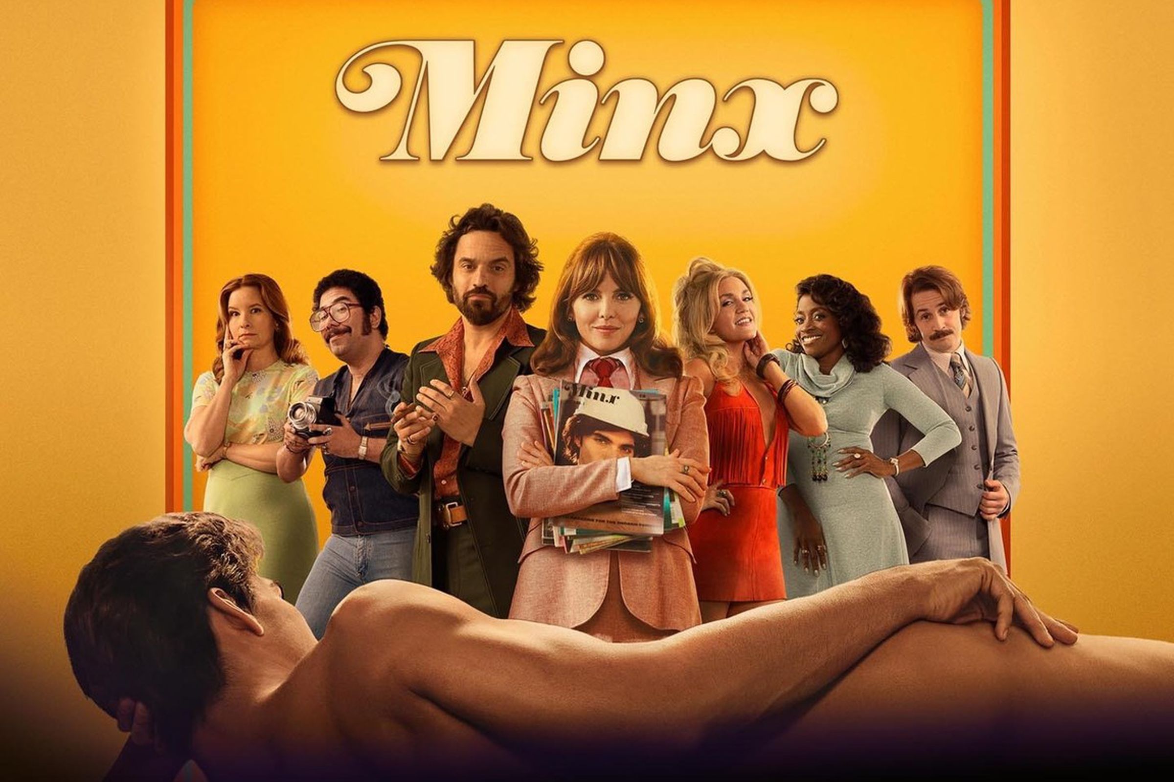 The cast of Minx is dressed in ’70s attire and facing a naked man reclining on his side and visible only from the back.