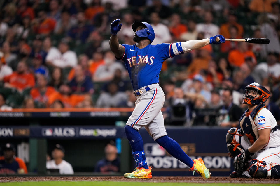 The Texas Rangers made the World Series behind the power of Adolis Garcia. He hit home runs in the last four games of the ALCS. (Photo by Bailey Orr/Texas Rangers/Getty Images)