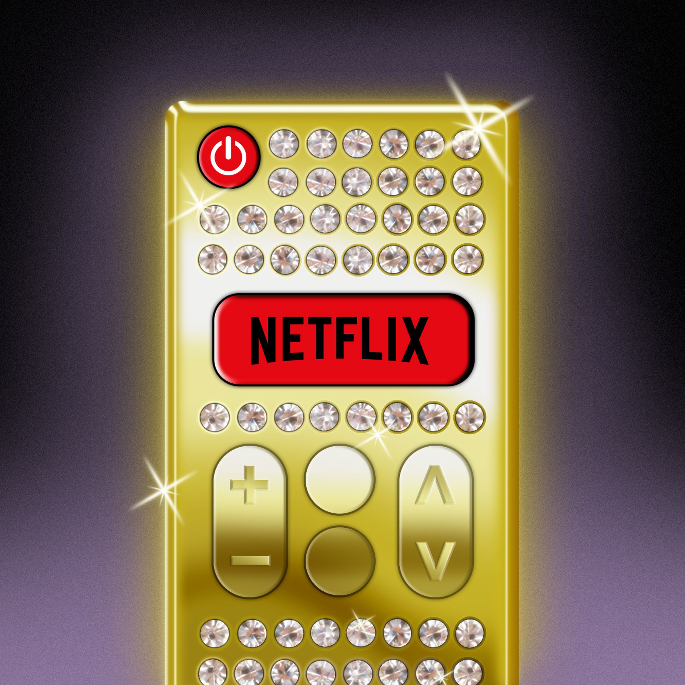 Illustration of a shiny gold TV remote, crusted in diamonds, with a big Netflix button.