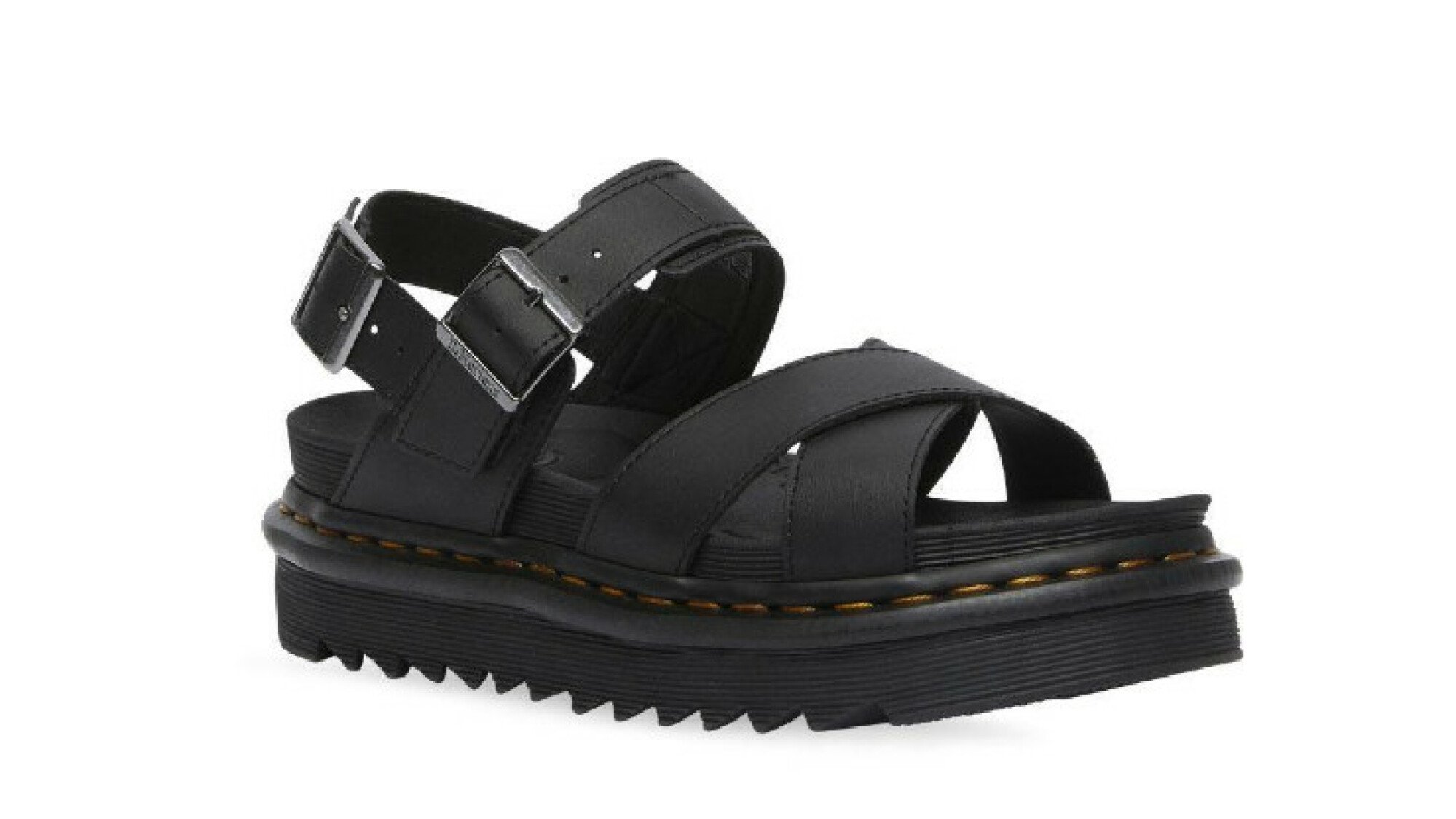 The right shoe from a pair of Dr Martens' Voss II Leather Strap Sandals. It's a chunky black sandal with thick leather straps and two silver buckles.