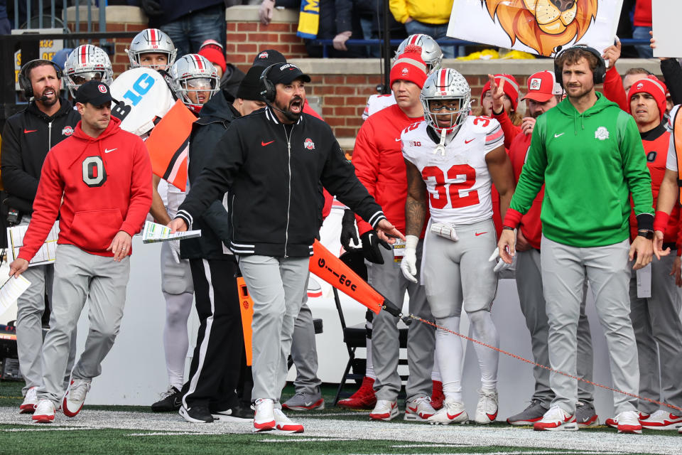 ANN ARBOR, MI - NOVEMBER 25:  Ohio State Buckeyes head coach Ryan Day reacts to an official's call during a regular season Big Ten Conference college football game between the Ohio State Buckeyes and the Michigan Wolverines on November 25, 2023 at Michigan Stadium in Ann Arbor, Michigan. (Photo by Scott W. Grau/Icon Sportswire via Getty Images)