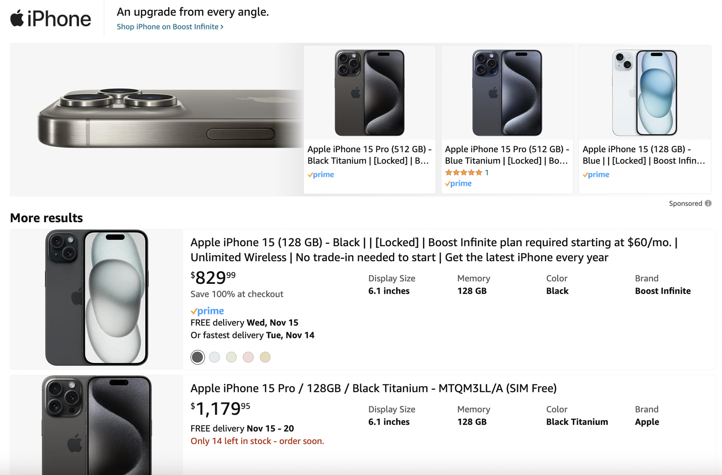 Amazon’s search results for Apple products are pretty ad-free.