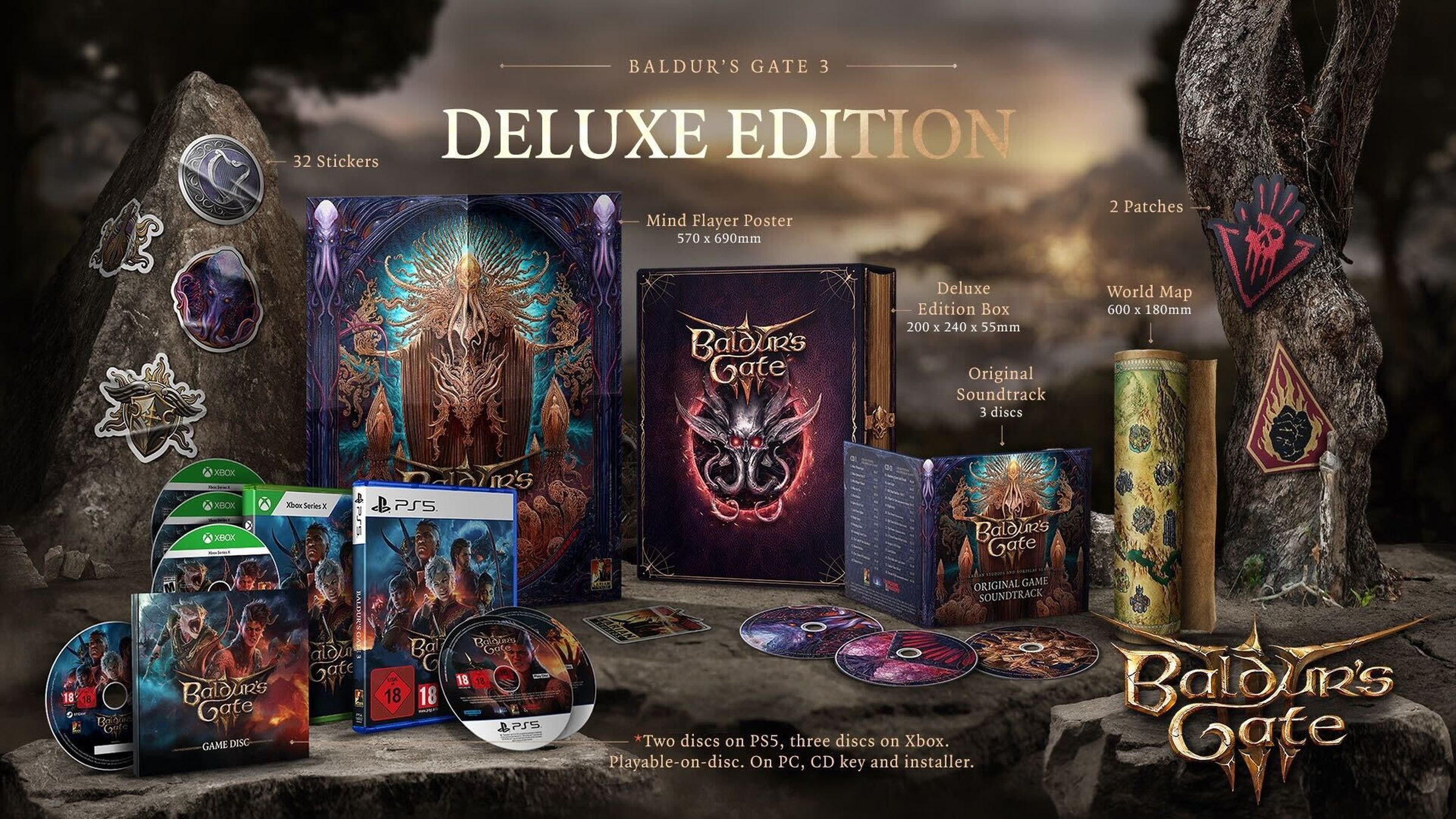 Photo of Baldur’s Gate 3’s physical deluxe edition featuring the game discs on PS5 and Xbox and the additional content available in the bundle.