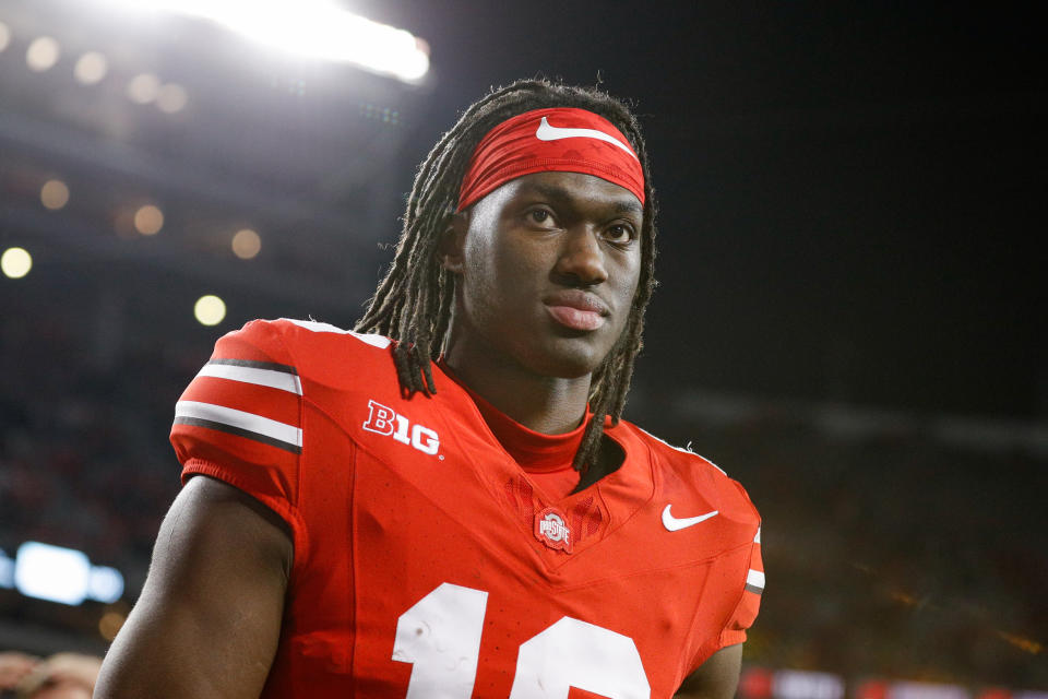 COLUMBUS, OH - NOVEMBER 18: Ohio State Buckeyes wide receiver Marvin Harrison Jr. (18) walks off the field after the game against the Minnesota Gophers and the Ohio State Buckeyes on November 18, 2023, at Ohio Stadium in Columbus, OH. (Photo by Ian Johnson/Icon Sportswire via Getty Images)