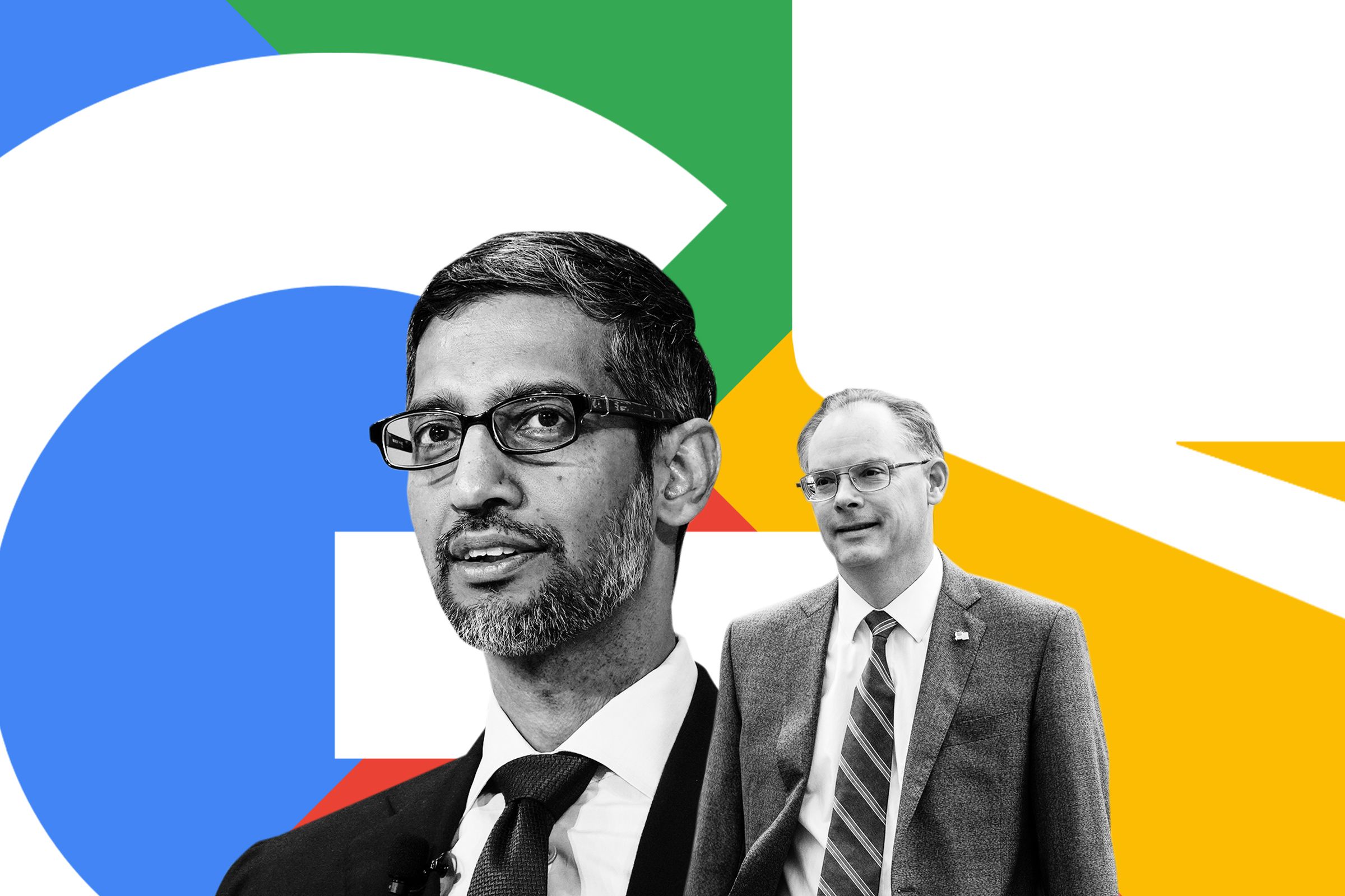 Photo illustration of the Sundar Pichai and Tim Sweeney Epic Games logo and Google logo inside of a Google Play logo.