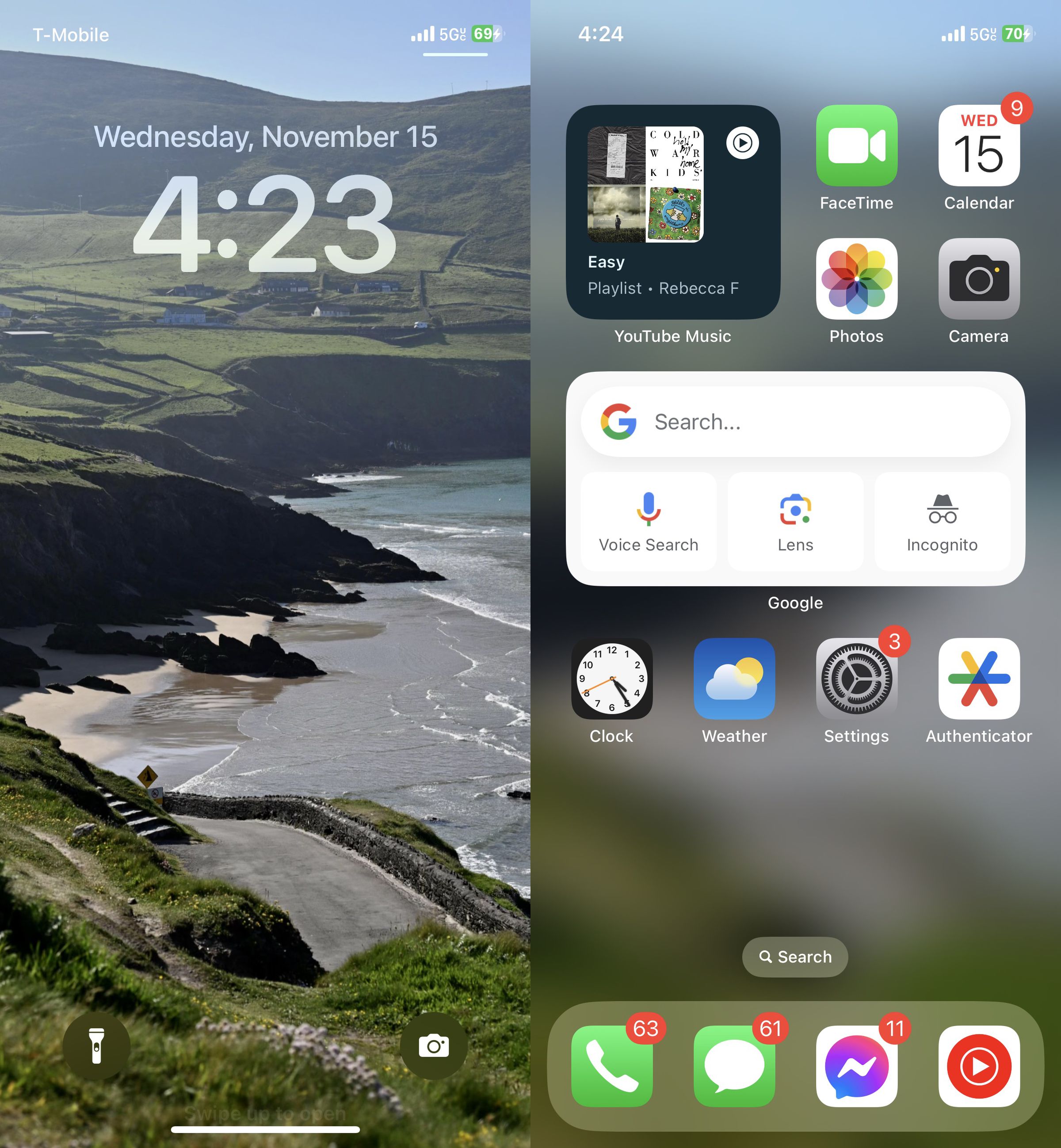 A homescreen and a lockscreen of an iPhone 12