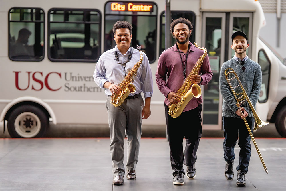 USC Thornton doctoral candidate Ennis Harris with students Jordan DeTiege and Nick Crane