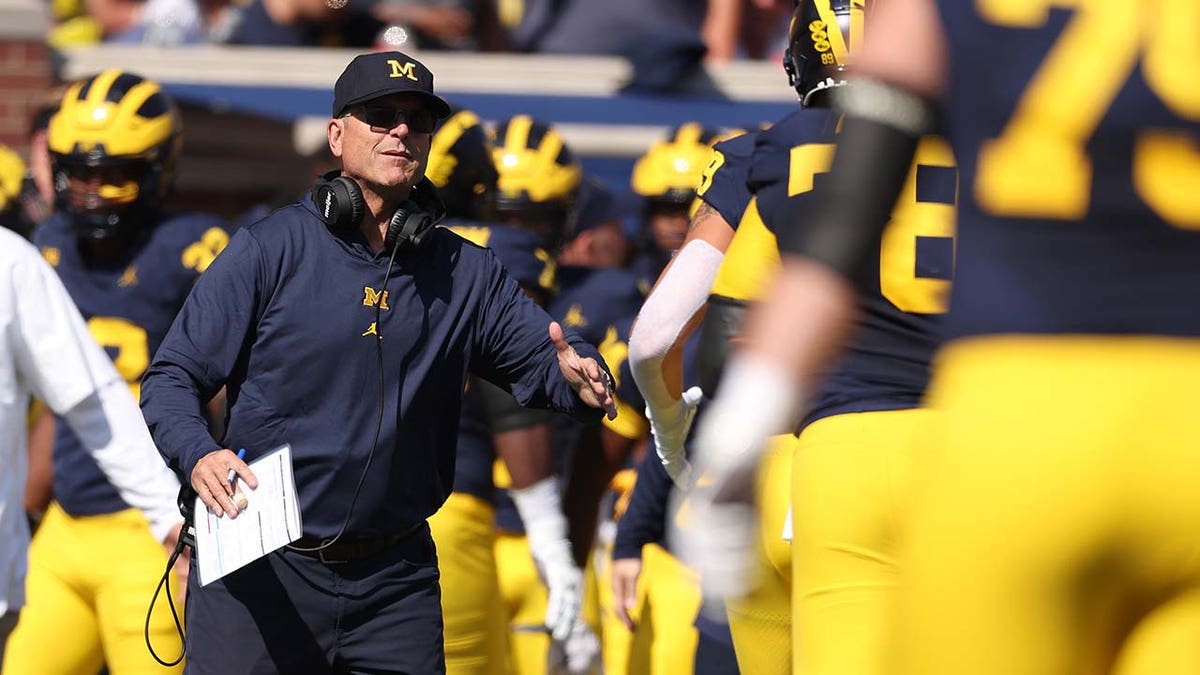 Jim Harbaugh looks on during a Michigan Wolverines game