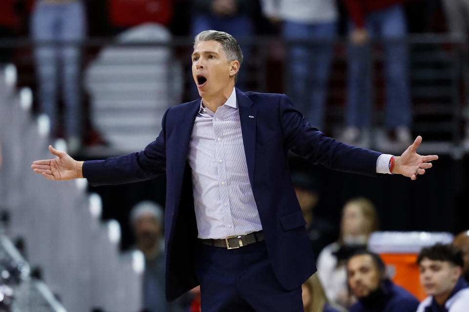 MADISON, WISCONSIN - NOVEMBER 17: Head coach Andrew Toole of the Robert Morris Colonials reacts to a call during the game against the Wisconsin Badgers at Kohl Center on November 17, 2023 in Madison, Wisconsin. (Photo by John Fisher/Getty Images)